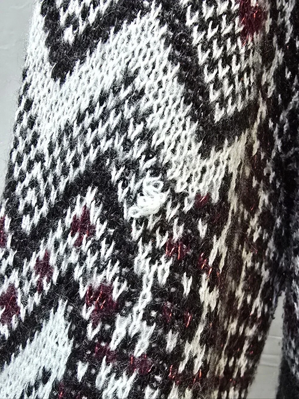 Catherines 2X Geometric Open Front Cardigan Burgundy Black Metallic Plus Size